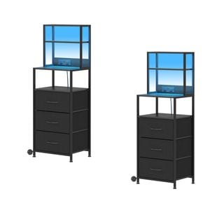 Ufurniture 2xtall Nightstand 3 Fabric Drawers Bedside Table With Charging Station And Led Lights For Bedroom Living Room  Black