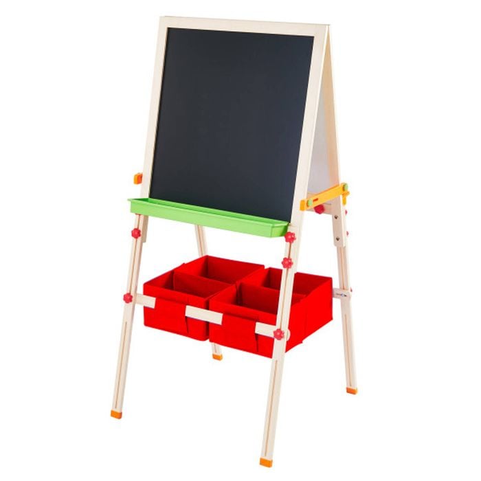 Teamson Kids Little Artist Vangogh Wooden Toy Easel with Storage Basket, Natural/Red