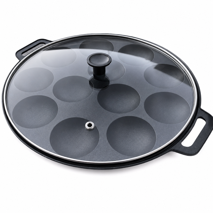 12 Dimple Cast Aluminium Poffertjes Mini Dutch Pancake Cake Pan w/ Lid & Handles - Black | Cast Aluminium | Poffertjes Pan Maker