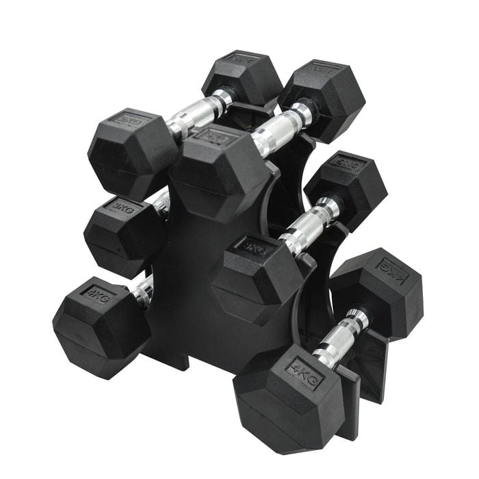 2KG-3KG-4KG Total 18KG Hex Rubber Dumbell Weight Set with PVC Rack