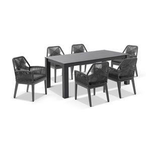 Hugo Ceramic 1.8m Outdoor Aluminium Dining Table Charcoal With 6 Rope Chairs & Carbon Grey/denim Grey Cushions