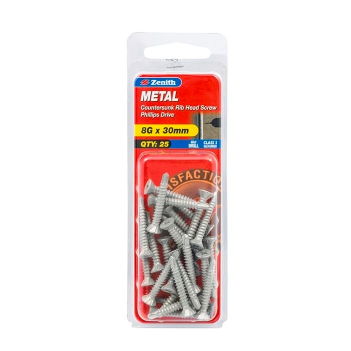 Zenith 8 x 30mm Galvanised Metal Countersunk Rib Head Screw - 25 Pack