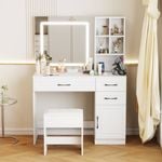 Advwin Dressing Table Stool Set with Charging Station HD Lighted Mirror White