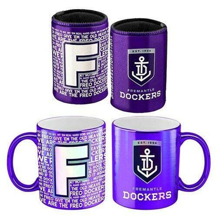Afl Metallic Coffee Cup And Can Cooler Set - Fremantle Dockers - Mug Stubby