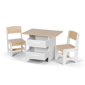 Keezi Kids Table and 2 Chairs Set Wooden Activity Table wit 2 Storage Drawers Natural
