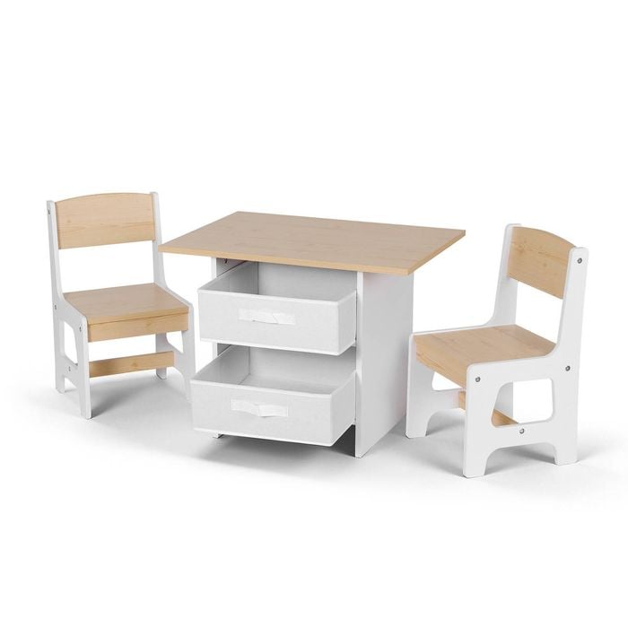 Keezi Kids Table and 2 Chairs Set Wooden Activity Table wit 2 Storage Drawers Natural