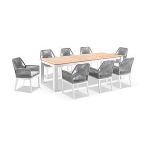 Balmoral 2.5m Outdoor Teak Top Aluminium Table White With 8 Hugo Rope Chairs & Textured Olefin Grey Cushions