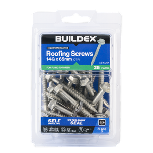 Buildex 14G x 65mm Class 3 Roofing Screws with Seal - 25 Pack