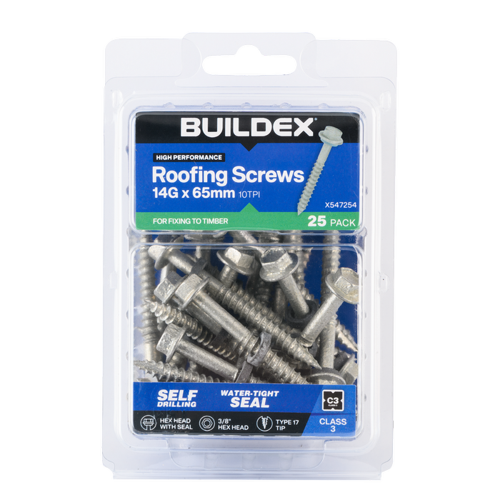 Buildex 14G x 65mm Class 3 Roofing Screws with Seal - 25 Pack