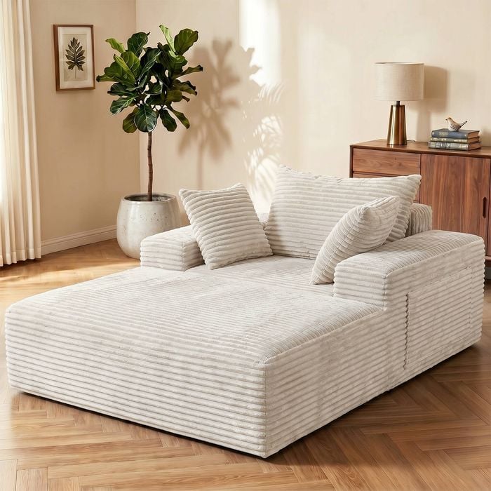 Advwin 132cm Chaise Lounge Chair Corduroy Single Sleeper Cloud Sofa w/ Cushion & Side Pocket Compressed Sofa Beige