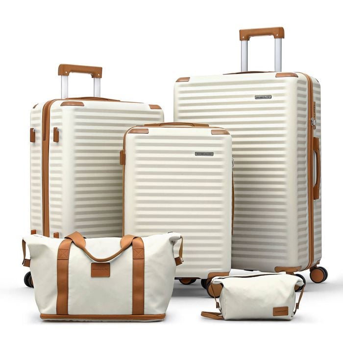 Wanderlite 5pcs Luggage Suitcase Set Trolley Travel TSA Lightweight Hard Case White Brown
