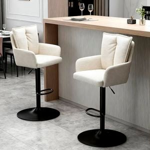 Homfurn Set Of 2 Adjustable Swivel Bar Stool, Modern Linen Fabric Bar Chair With Armrest, Ergonomic Counter Height Stool