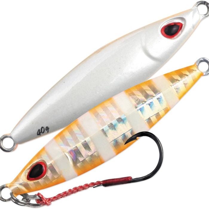 100gm Storm Gomoku Koika Jig - Slow Pitch Jig Fishing Lure - Orange Zebra/Pearl