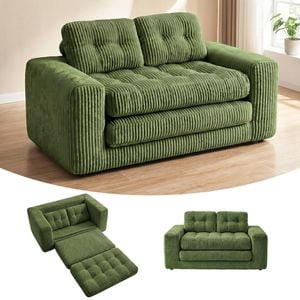 Advwin Folding Sofa Bed 2 in 1 Convertible Floor Loveseat Sofa Fold Out Corduroy Sleeper Couch w/ 2 Pillows Green