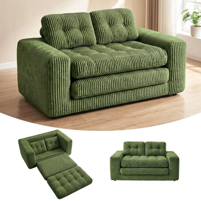 Advwin Folding Sofa Bed 2 in 1 Convertible Floor Loveseat Sofa Fold Out Corduroy Sleeper Couch w/ 2 Pillows Green