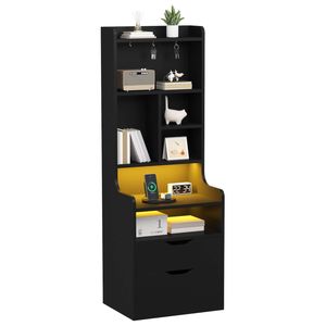 Ufurniture Tall LED Bedside Table with Charging Station, Shelves & Drawers