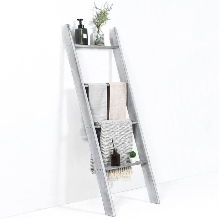 Costway 4-tier Wall Leaning Blanket Ladder Wood Display Rack Grey