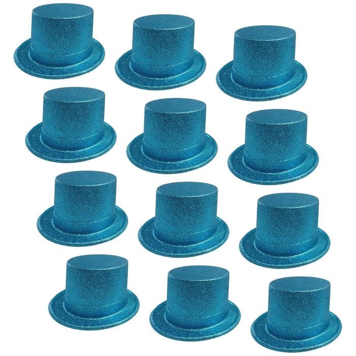 12x GLITTER TOP HAT Fancy Party Plastic Costume Tall Cap Fun Dress Up BULK Sky Blue