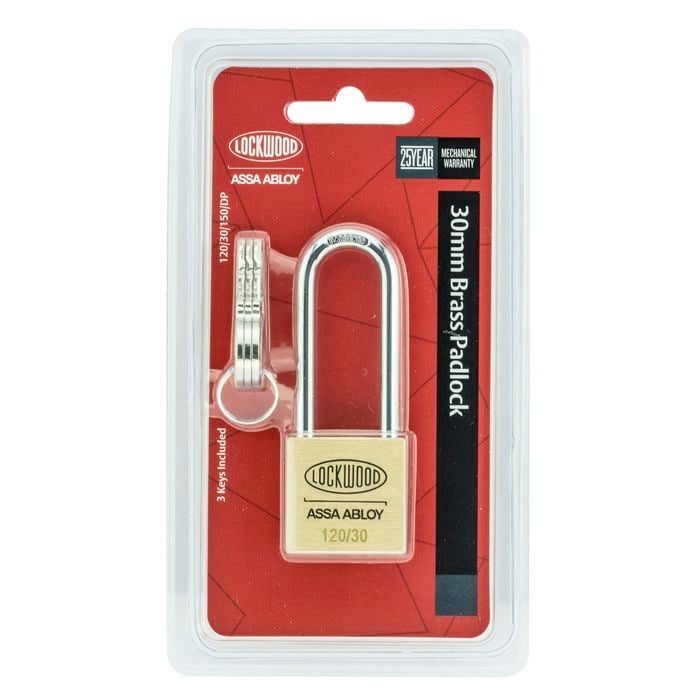 Lockwood 30mm Solid Brass Extended Shackle 120 Series Padlock General Purpose