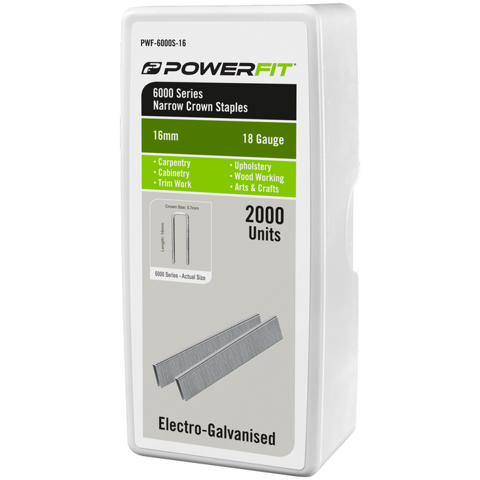 PowerFit 16mm 6000 Series Narrow Crown Electro-Galvanised Staple - 2000 Pack