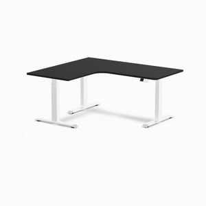 Desky L-shape Sit To Stand Black Melamine Desk 1600x1400mm - Left Return Height Adjustable White Leg