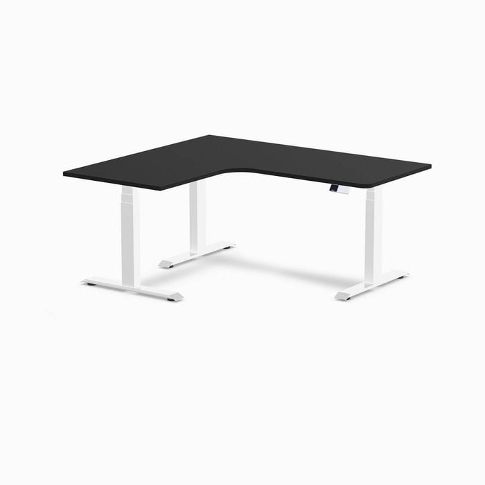 Desky L-shape Sit To Stand Black Melamine Desk 1600x1400mm - Left Return Height Adjustable White Leg