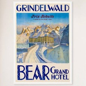Galrie Bear Grand Hotel Vintage Travel Poster from Grindelwald, Switzerland Artwork, White Frame, 70 x 100cm (28 x 40inch)