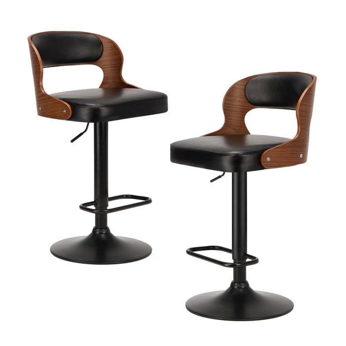 Oikiture 2x Bar Stools Swivel Gas Lift Leather Retro Black LUKA