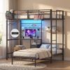 Advwin Single Bunk Bed with Desk & Charging Station & LED Light, L shaped Loft Bed with Drawer Black