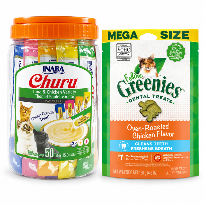 Inaba Churu Tuna with Chicken 50 Pack + GREENIES Chicken 130g | Cat Treat Variety Pack