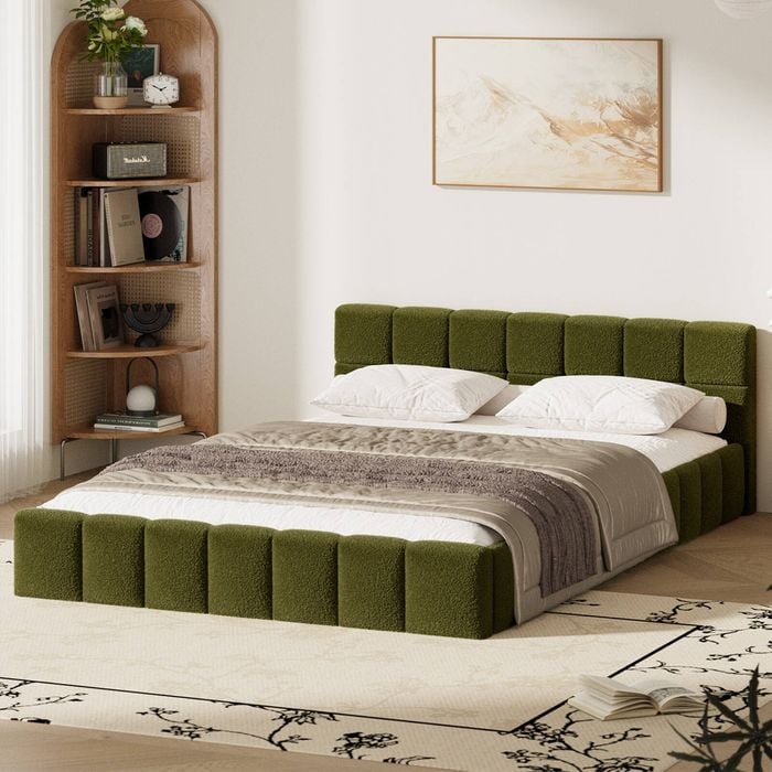 Oikiture Bed Frame Double Green Boucle