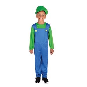 Rubies Size 7-8y Green Plumber Boy Jumpsuit Costume w/ Cap Kids Cosplay Party