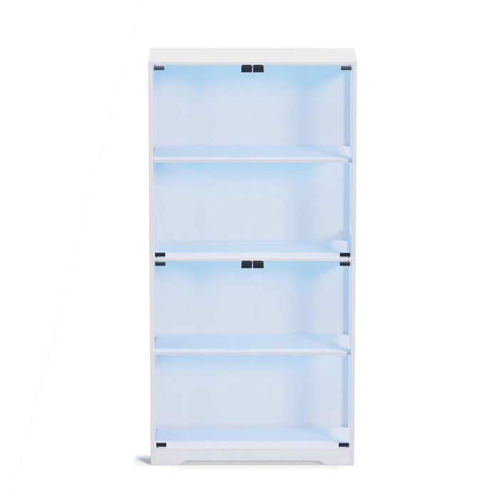 Ufurniture 160cm Display Cabinet with LED Light and Glass Doors 4-Tier Hallway Shelves Cabinet Bookshelf Storage Organizer White