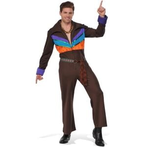 Adult 70's Guy Hippie Fancy Dress Halloween Costume Retro Woodstock Jumpsuit Outfit Multi Colour, Standard