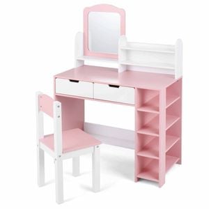 Costway Kid Vanity Set Princess Mirror Makeup Desk Chair Storage Table