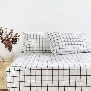 Grid Black Flannelette Fitted Sheet & Pillowcase Set Single