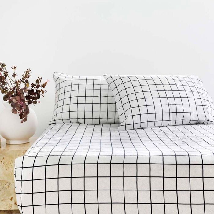 Grid Black Flannelette Fitted Sheet & Pillowcase Set Single