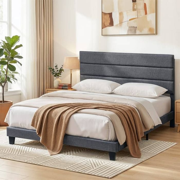 Homfurn King Bed Frame Upholstered Platform With Geometric Headboard Grey Linen
