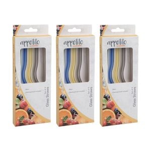 3x 4pc Appetito Borosilicate Glass Straw Set Wiggly 20cm Multi-coloured