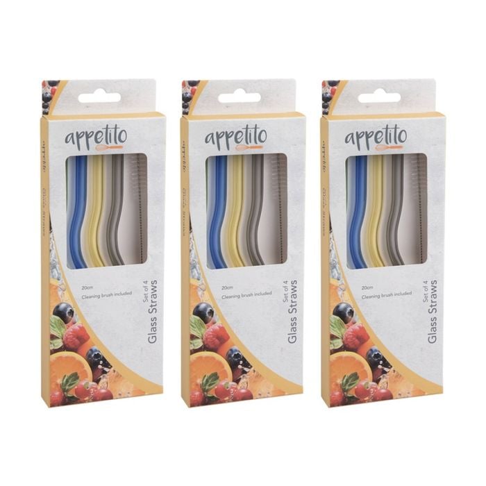 3x 4pc Appetito Borosilicate Glass Straw Set Wiggly 20cm Multi-coloured