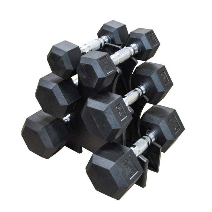 3KG-6KG-9KG Total 36KG Hex Rubber Dumbell Weight Set with PVC Rack