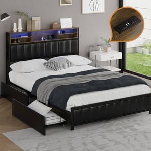Oikiture Bed Frame Double Size with 2 Drawers Charging Station & LED Storage Bookcase