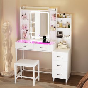 Ufurniture LED Vanity Desk with 5 Drawers & 3 Open Shelves Glass Desktop Power Outlet