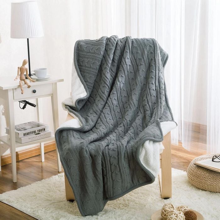 CottonMore Knitted Acrylic Sherpa Large Blanket Plush Throw Rug 180x120cm - Grey