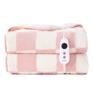 Dreamaker Checkered Plush Reversible Sherpa Washable Electric Heated Throw Blanket Pink & Cream - 180 X 200cm | 9 Heat Settings