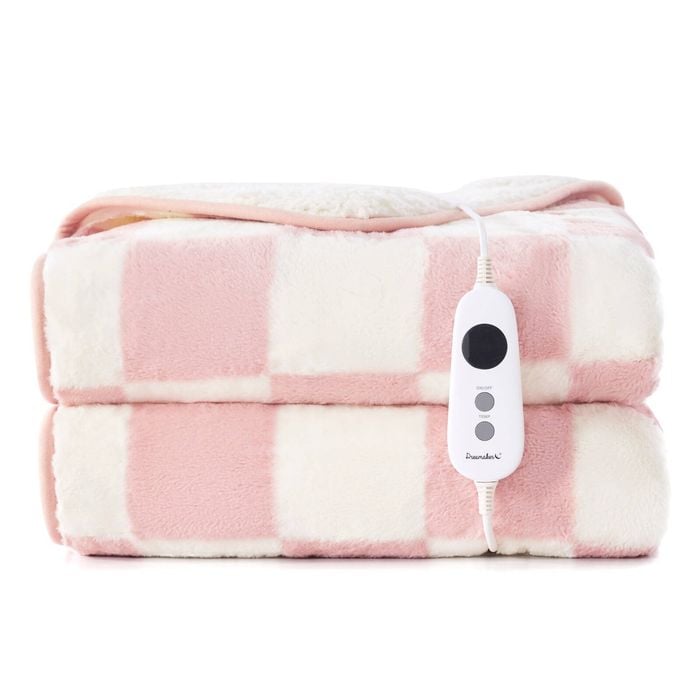 Dreamaker Checkered Plush Reversible Sherpa Washable Electric Heated Throw Blanket Pink & Cream - 180 X 200cm | 9 Heat Settings