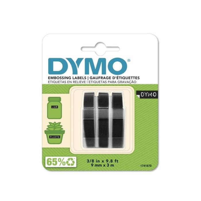 Dymo Embossing Label Tape 9mm X 3m Black Plastic - 3 Pack