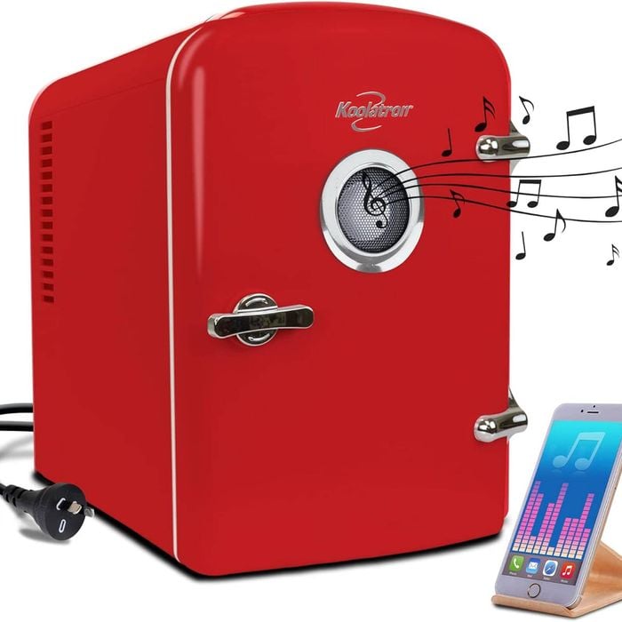 Koolatron 4l Red Retro Mini Fridge Bluetooth Speaker Portable Refrigerator Personal Cooler