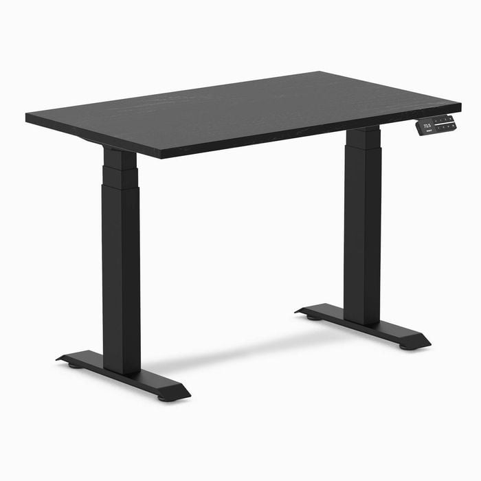 Desky Dual Mini Black Ash Hardwood Sit To Stand Desk 1000x600mm Matte Black Frame