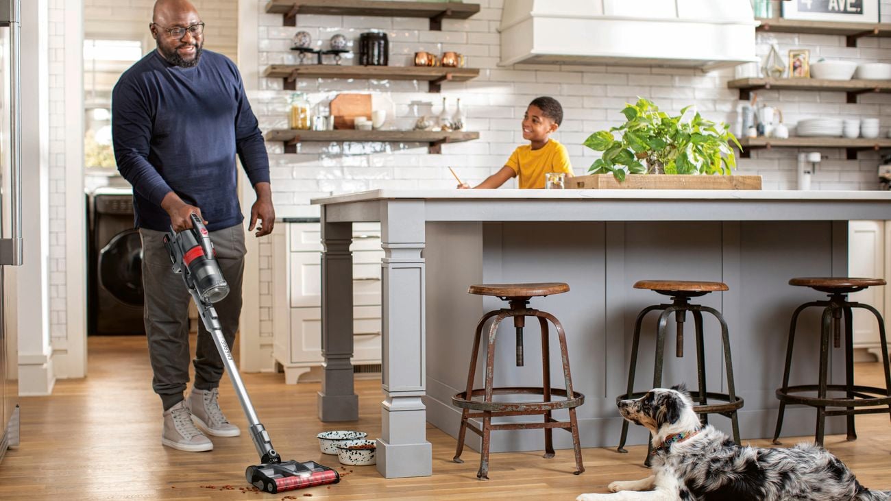 Person uses cordless vacuum to vacuum hardwood floor next to dog